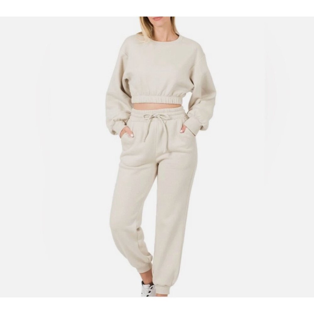 Zenana 2 Pcs Crop Sweatshirt Tracksuit High Waist Jogger Set Active Loungewear - Picture 11 of 11